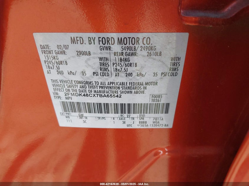 2007 FORD EDGE VIN: 2FMDK48CX7BA65542