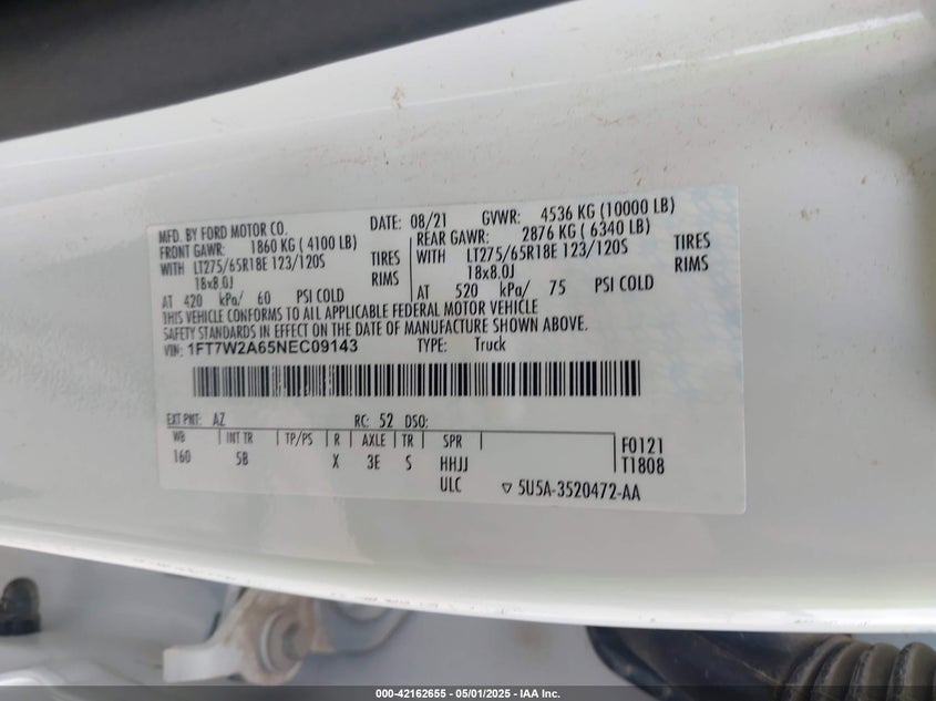 2022 FORD F-250 VIN: 1FT7W2A65NEC09143