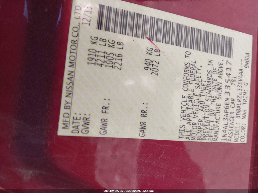 2014 NISSAN ALTIMA VIN: 1N4AL3AP6EN335417