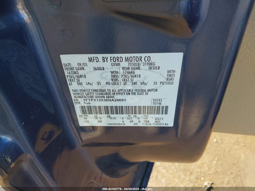 2006 FORD F-150 VIN: 1FTPX12536NA29691