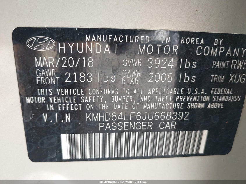 2018 HYUNDAI ELANTRA VIN: KMHD84LF6JU668392