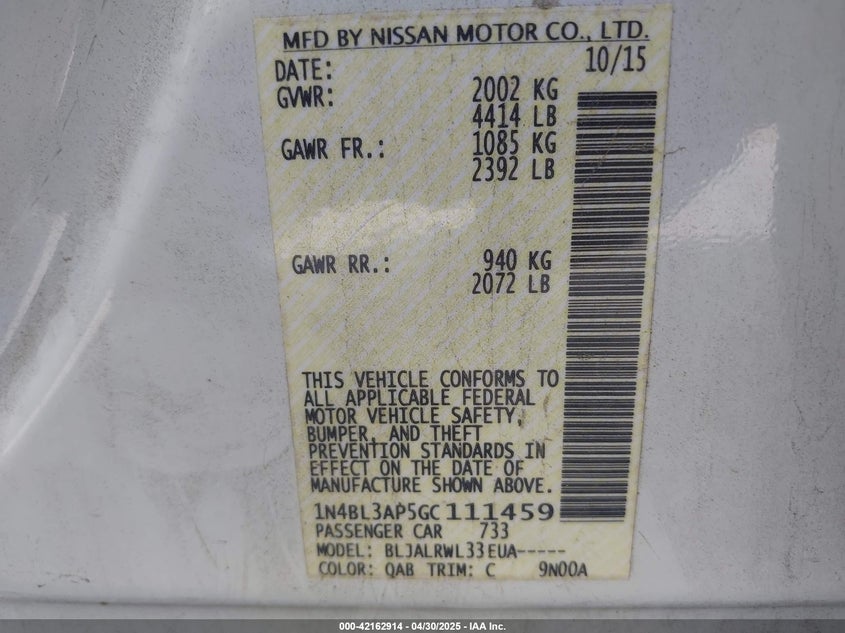 2016 NISSAN ALTIMA VIN: 1N4BL3AP5GC111459