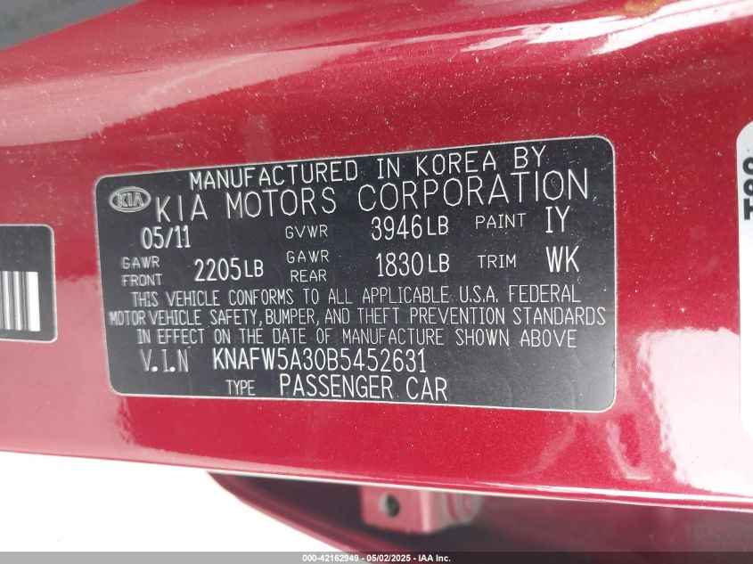 2011 Kia Forte Sx VIN: KNAFW5A30B5452631 Lot: 42162949