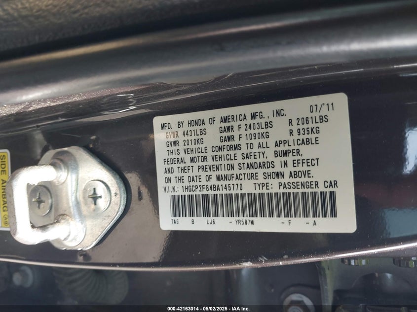 2011 HONDA ACCORD VIN: 1HGCP2F84BA145770