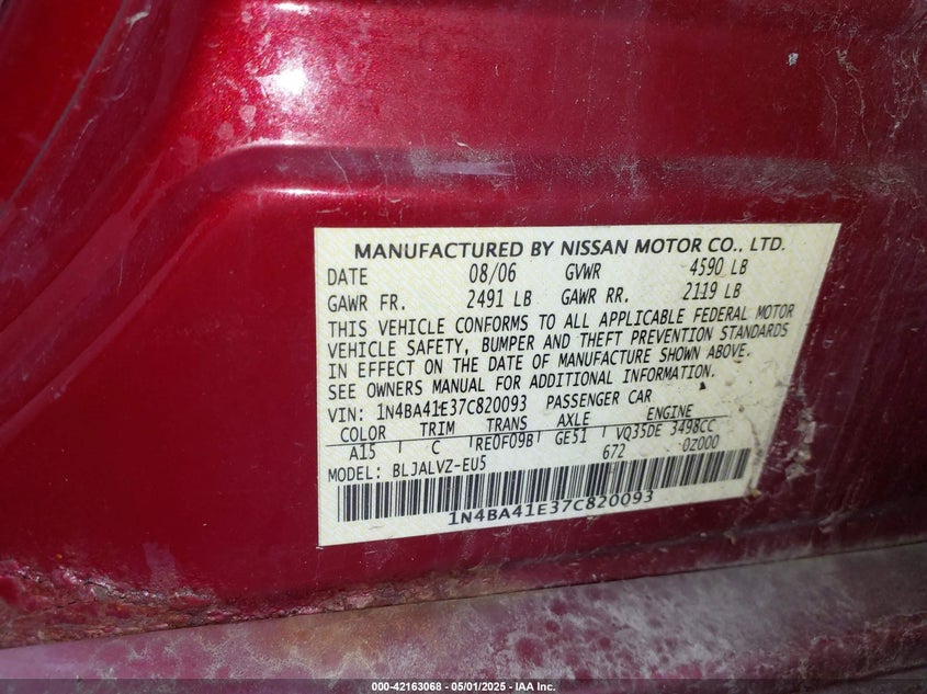 2007 Nissan Maxima 3.5 Se VIN: 1N4BA41E37C820093 Lot: 43386544