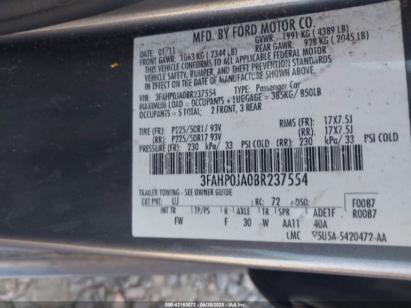 2011 Ford Fusion Sel VIN: 3FAHP0JA0BR237554 Lot: 42163072