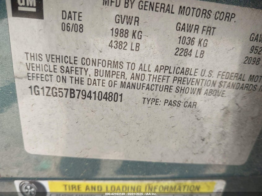 2009 CHEVROLET MALIBU VIN: 1G1ZG57B794104801