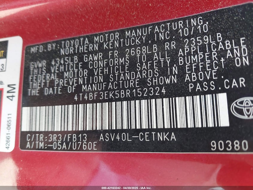 2011 TOYOTA CAMRY VIN: 4T4BF3EK5BR152324