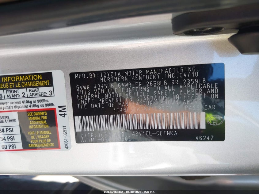 2011 TOYOTA CAMRY VIN: 4T4BF3EK2BR108202