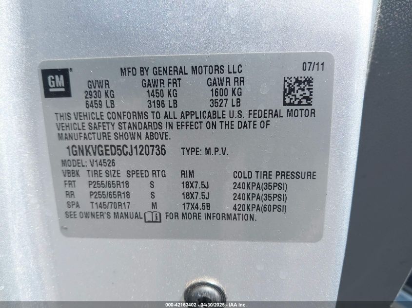 2012 Chevrolet Traverse 1Lt VIN: 1GNKVGED5CJ120736 Lot: 42163402