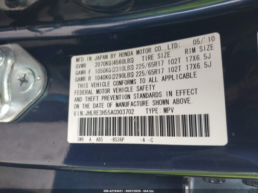 2010 HONDA CR-V VIN: JHLRE3H55AC003702