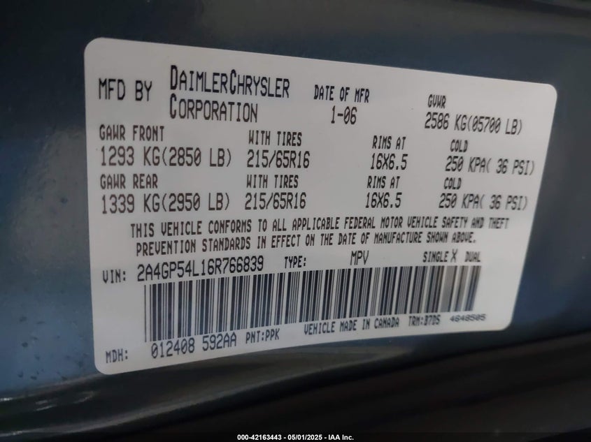 2006 CHRYSLER TOWN & COUNTRY VIN: 2A4GP54L16R766839