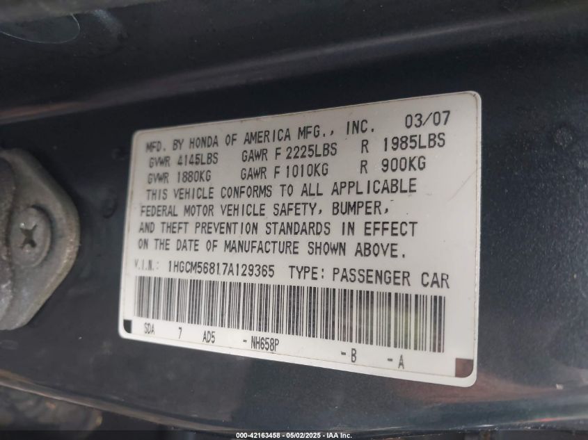 2007 Honda Accord 2.4 Ex VIN: 1HGCM56817A129365 Lot: 42163458