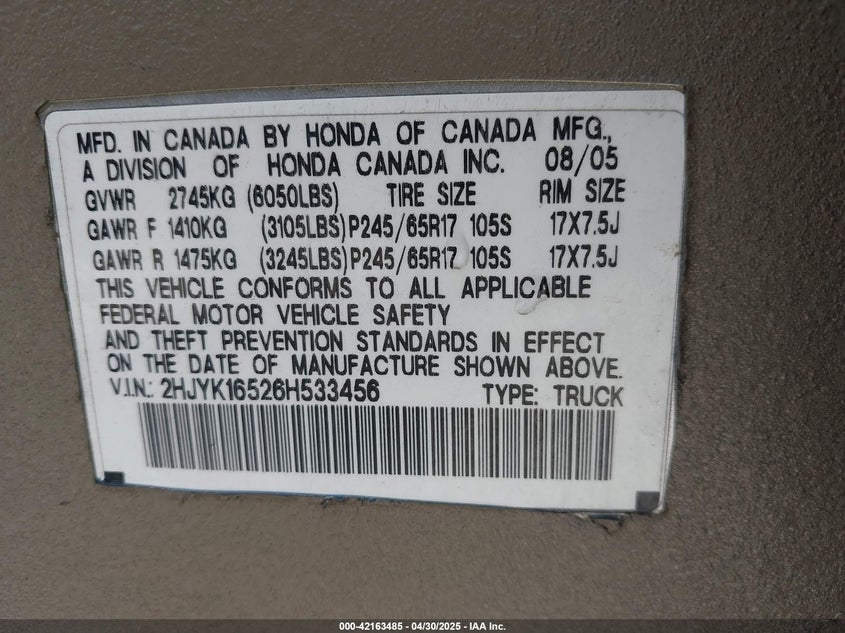 2006 HONDA RIDGELINE VIN: 2HJYK16526H533456
