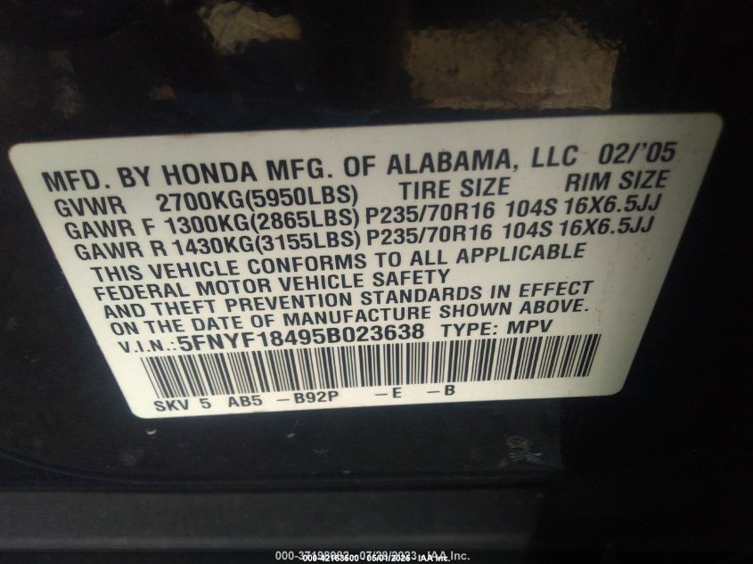 2005 Honda Pilot Ex VIN: 5FNYF18495B023638 Lot: 42163500