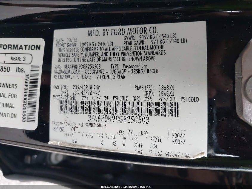 2016 FORD FUSION VIN: 3FA6P0H90GR250508