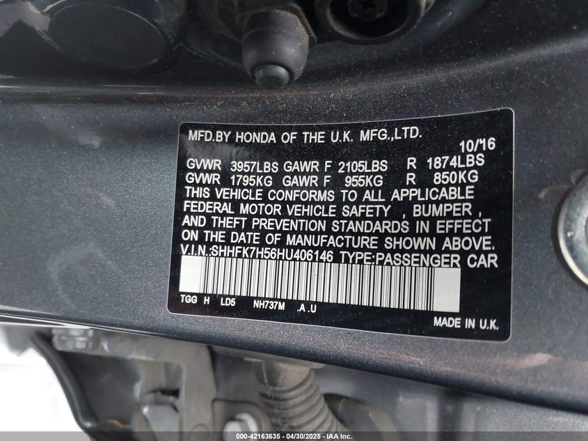 2017 HONDA CIVIC VIN: SHHFK7H56HU406146