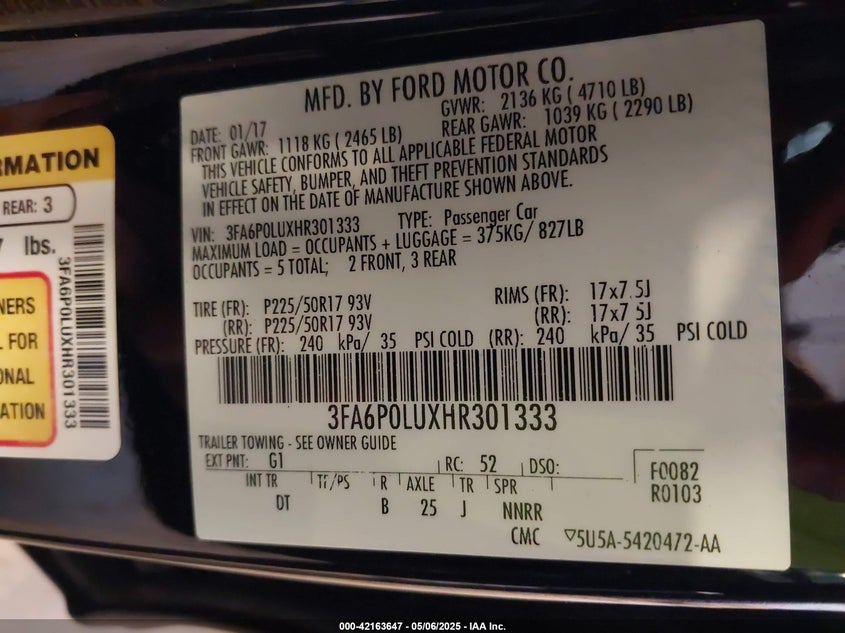 2017 FORD FUSION HYBRID VIN: 3FA6P0LUXHR301333