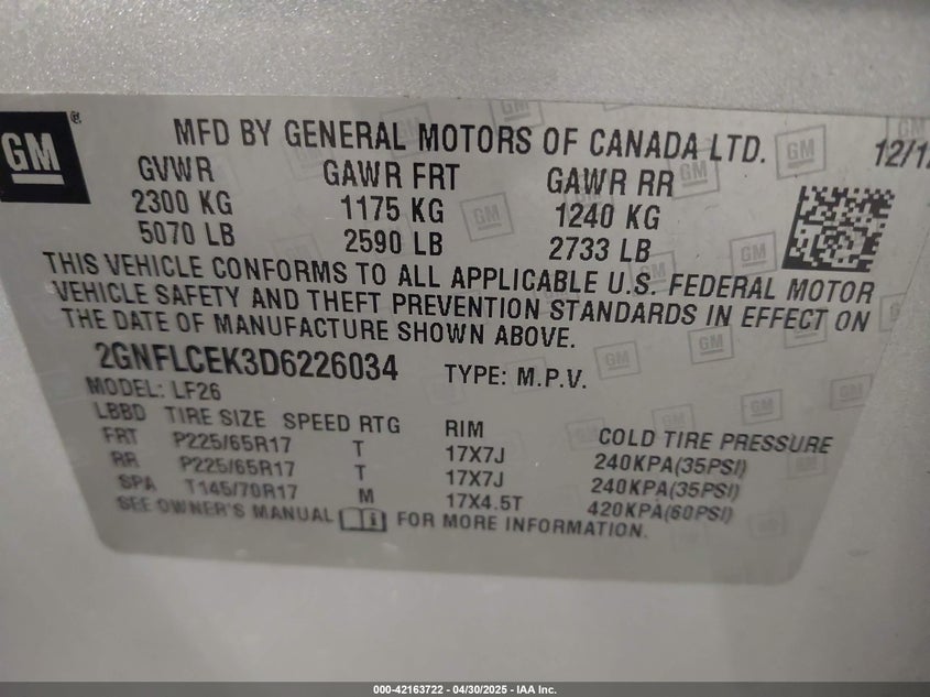 2013 CHEVROLET EQUINOX VIN: 2GNFLCEK3D6226034