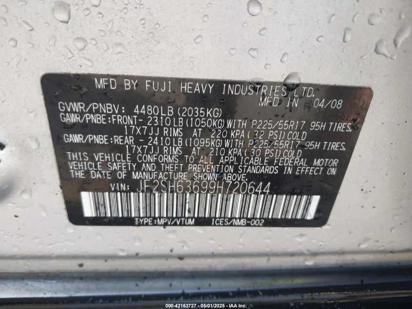 2009 Subaru Forester VIN: JF2SH636998720644 Lot: 42163727