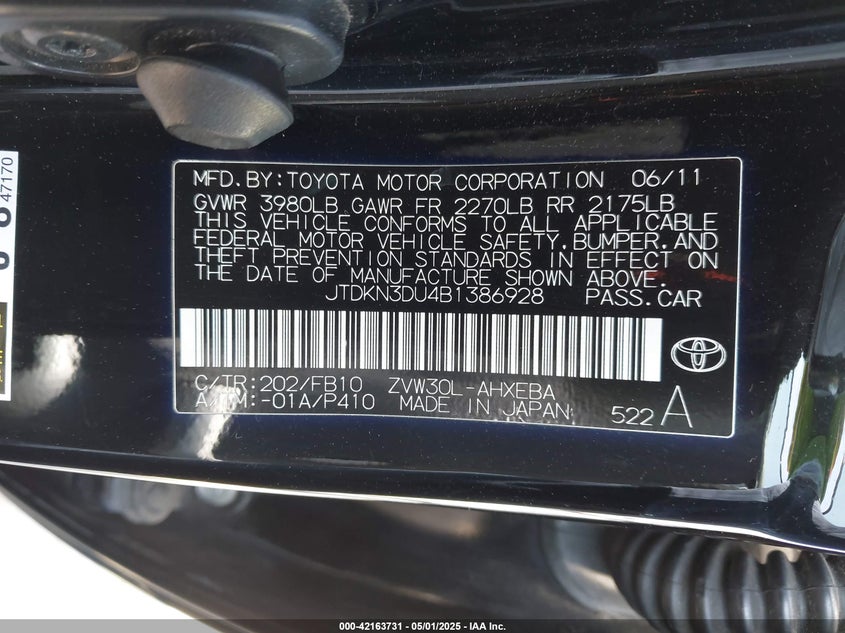 2011 TOYOTA PRIUS VIN: JTDKN3DU4B1386928