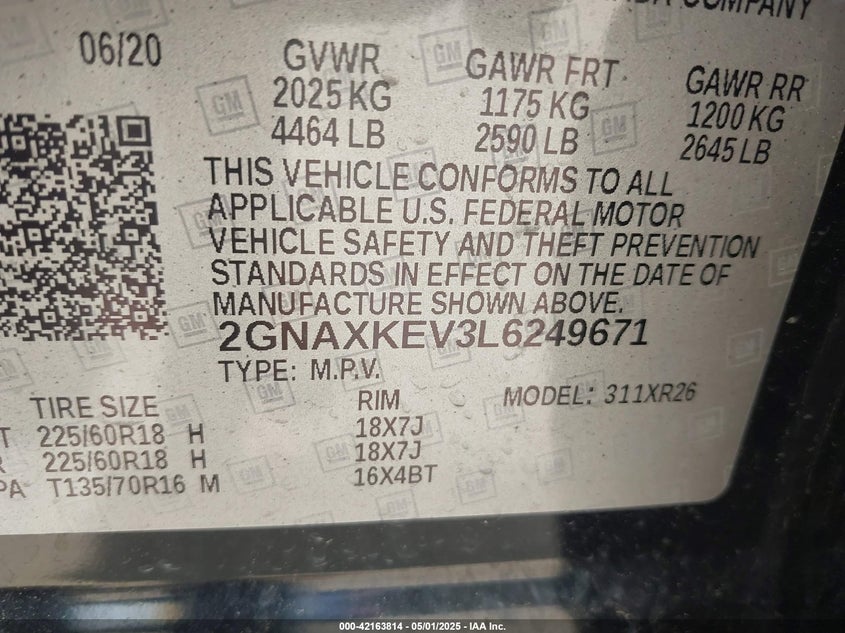 2020 CHEVROLET EQUINOX VIN: 2GNAXKEV3L6249671