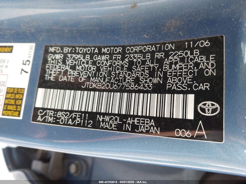 2007 TOYOTA PRIUS VIN: JTDKB20U677586433