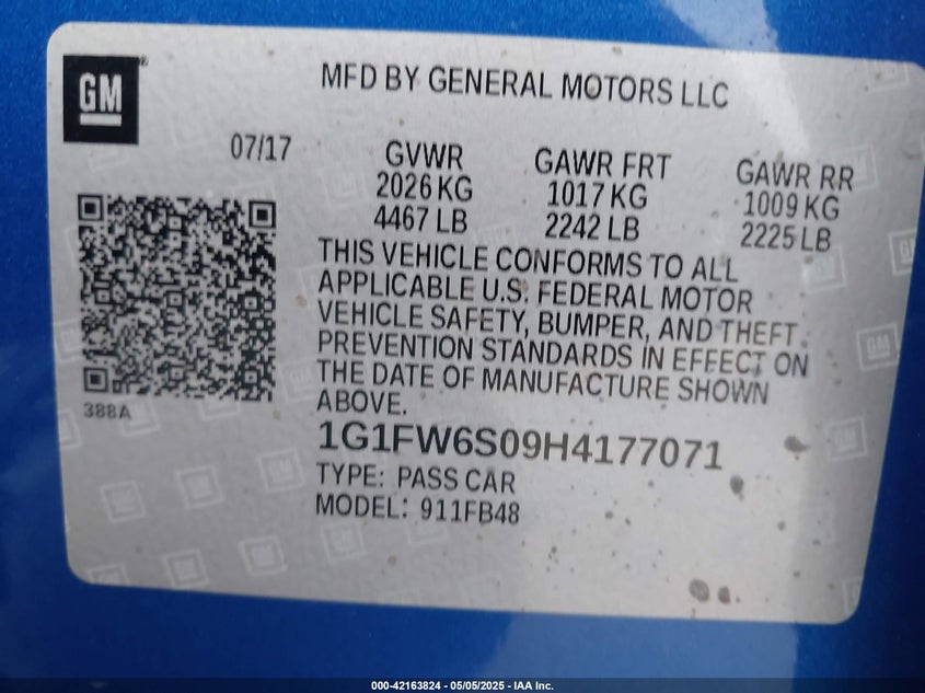2017 CHEVROLET BOLT EV VIN: 1G1FW6S09H4177071