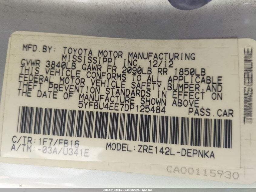 2013 TOYOTA COROLLA VIN: 5YFBU4EE7DP125484