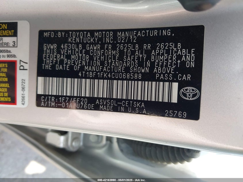 2012 TOYOTA CAMRY VIN: 4T1BF1FK4CU068588