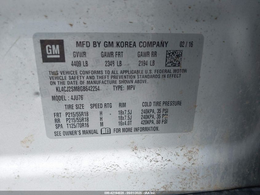 2016 Buick Encore Sport Touring VIN: KL4CJ2SM8GB642254 Lot: 42164028