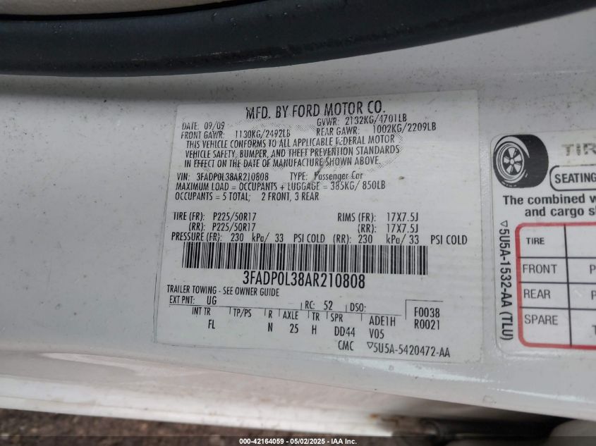 2010 Ford Fusion Hybrid VIN: 3FADP0L38AR210808 Lot: 42164059