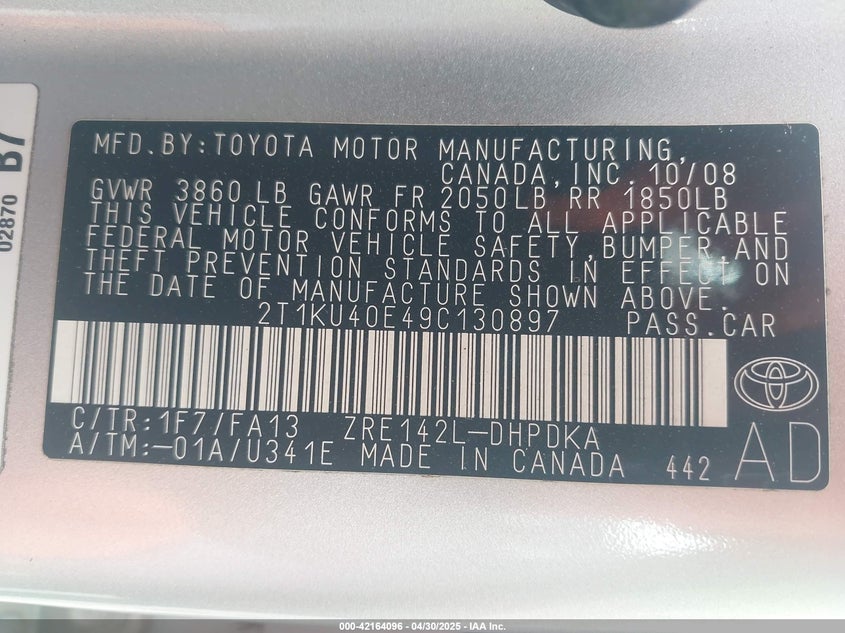 2009 TOYOTA COROLLA MATRIX VIN: 2T1KU40E49C130897