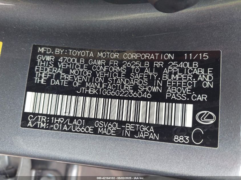 2016 Lexus Es 350 VIN: JTHBK1GG6G2236046 Lot: 42164102