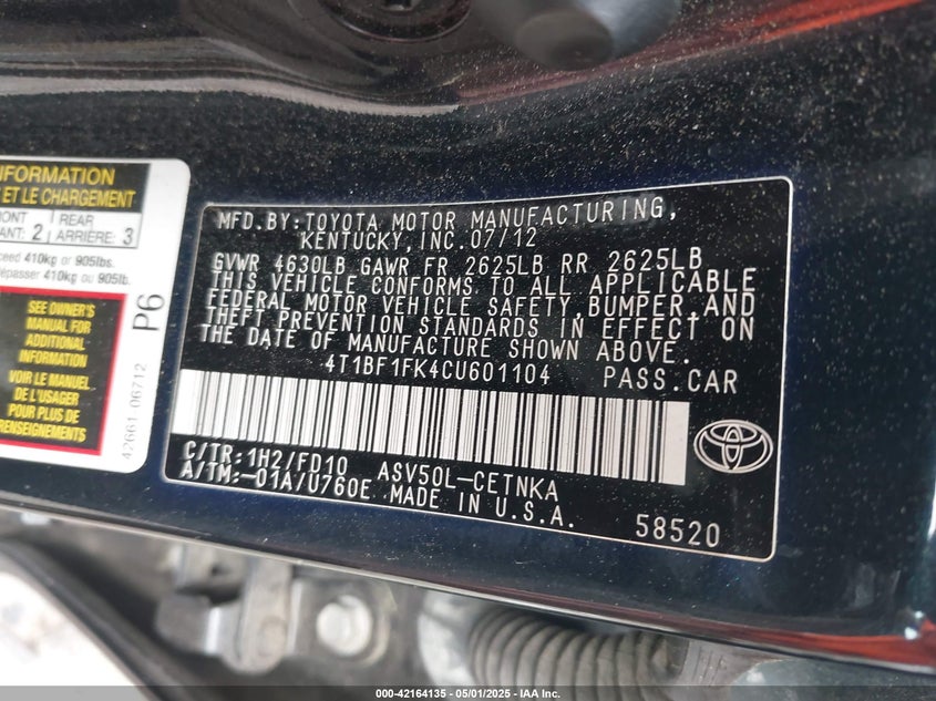 2012 TOYOTA CAMRY VIN: 4T1BF1FK4CU601104