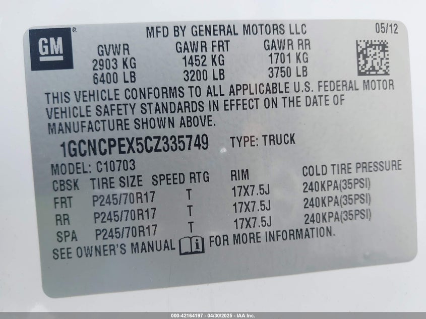 2012 CHEVROLET SILVERADO VIN: 1GCNCPEX5CZ335749