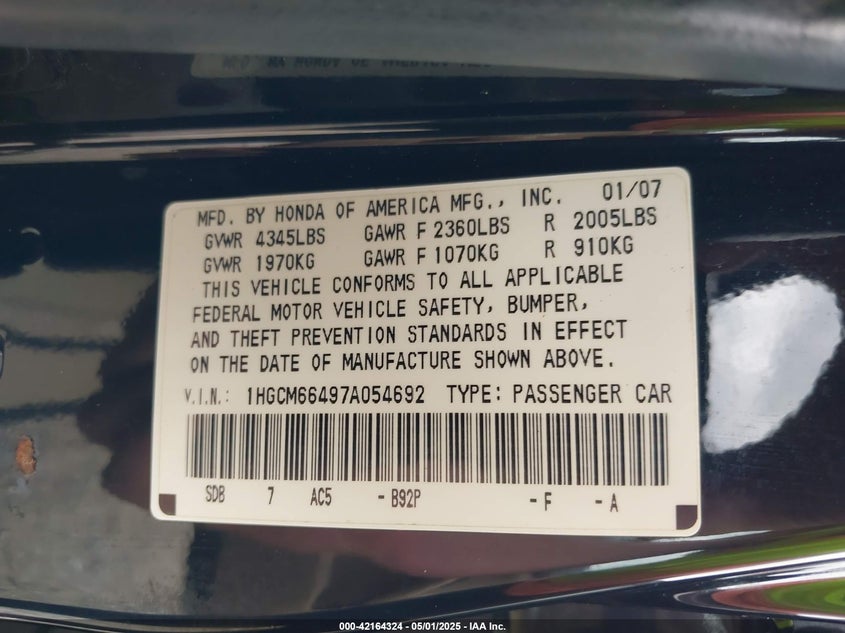 2007 HONDA ACCORD VIN: 1HGCM66497A054692