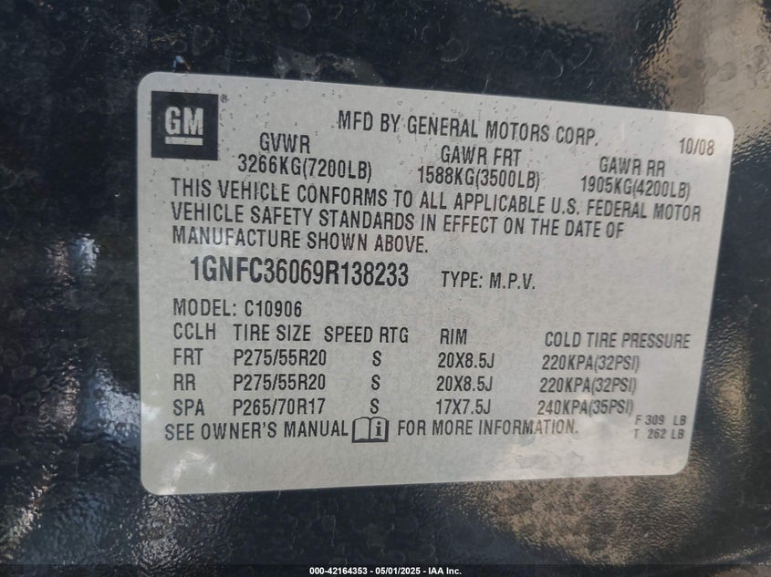 2009 CHEVROLET SUBURBAN 1500 VIN: 1GNFC36069R138233