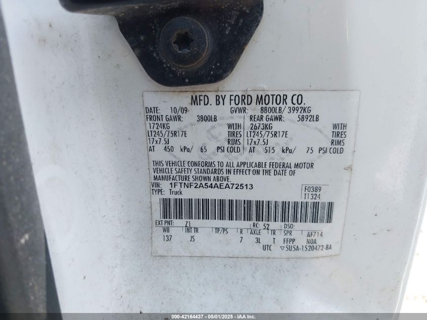 2010 Ford F-250 Xl/Xlt VIN: 1FTNF2A54AEA72513 Lot: 42164437