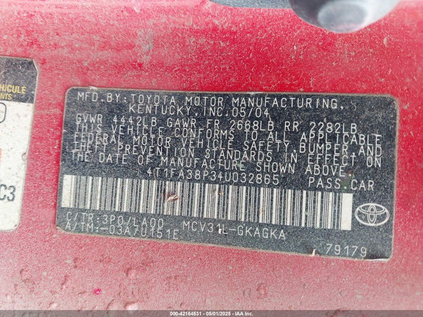 2004 Toyota Camry Solara Sle VIN: 4T1FA38P34U032865 Lot: 42164531