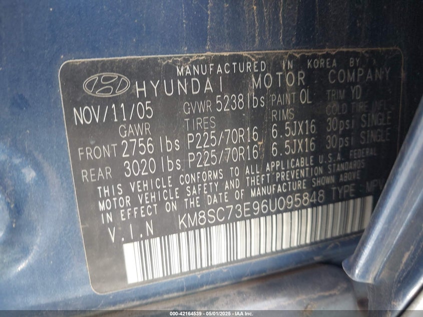 KM8SC73E96U095848 2006 HYUNDAI SANTA FE photo no. 9