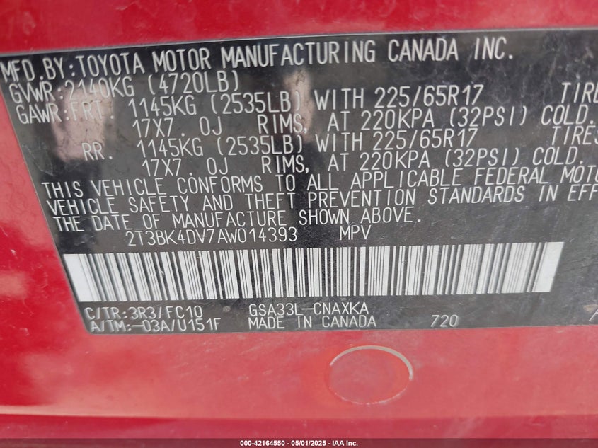 2010 TOYOTA RAV4 VIN: 2T3BK4DV7AW014393