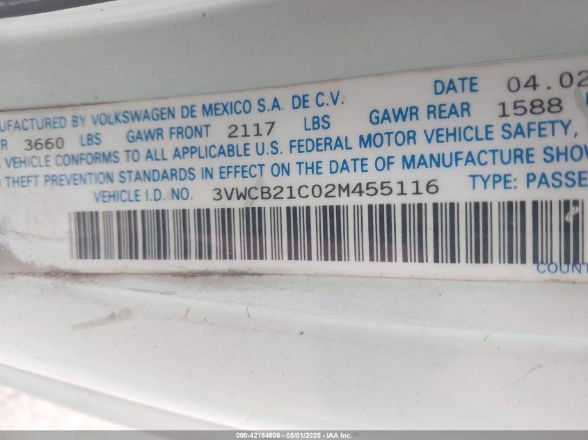 2002 Volkswagen New Beetle Gls VIN: 3VWCB21C02M455116 Lot: 42164600