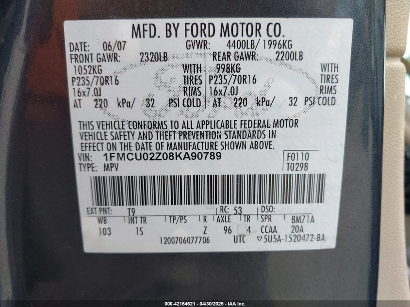 2008 FORD ESCAPE VIN: 1FMCU02Z08KA90789