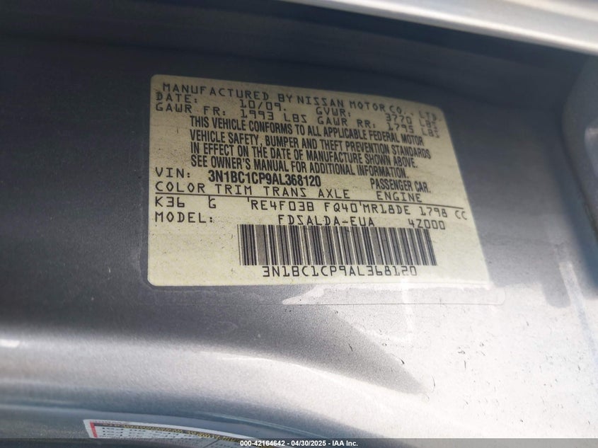 2010 NISSAN VERSA VIN: 3N1BC1CP9AL368120