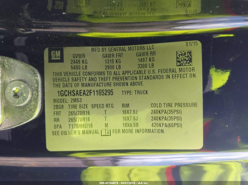 2015 CHEVROLET COLORADO VIN: 1GCHSAEA2F1165295