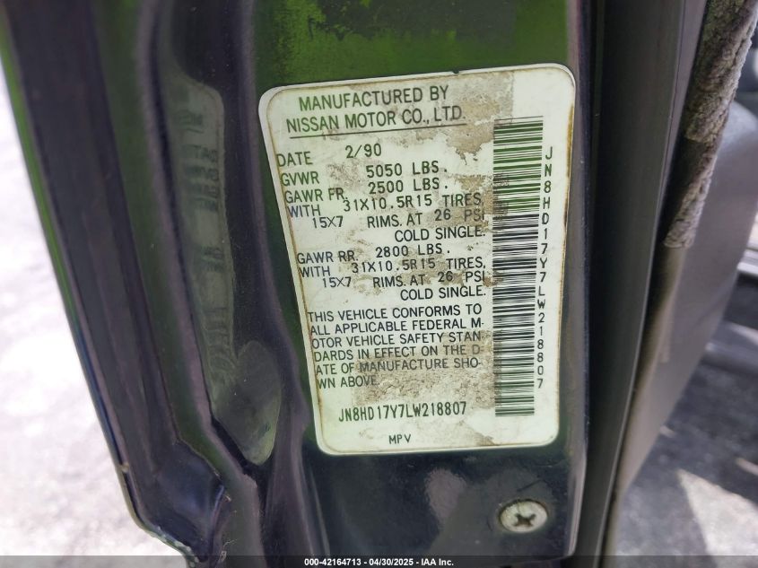1990 Nissan Pathfinder VIN: JN8HD17Y7LW218807 Lot: 42164713