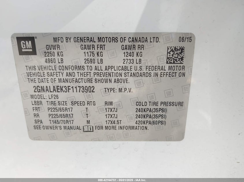 2015 CHEVROLET EQUINOX VIN: 2GNALAEK3F1173902