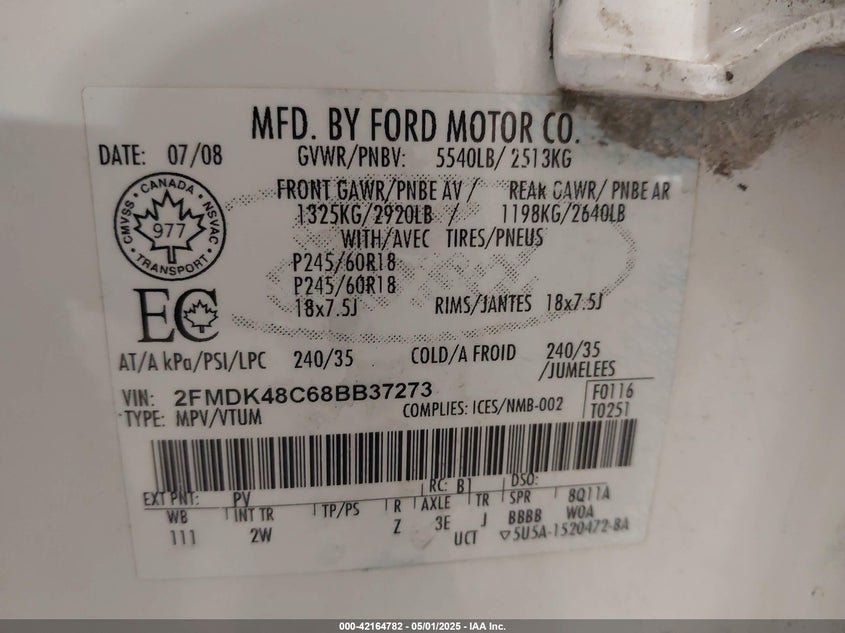 2008 FORD EDGE VIN: 2FMDK48C68BB37273
