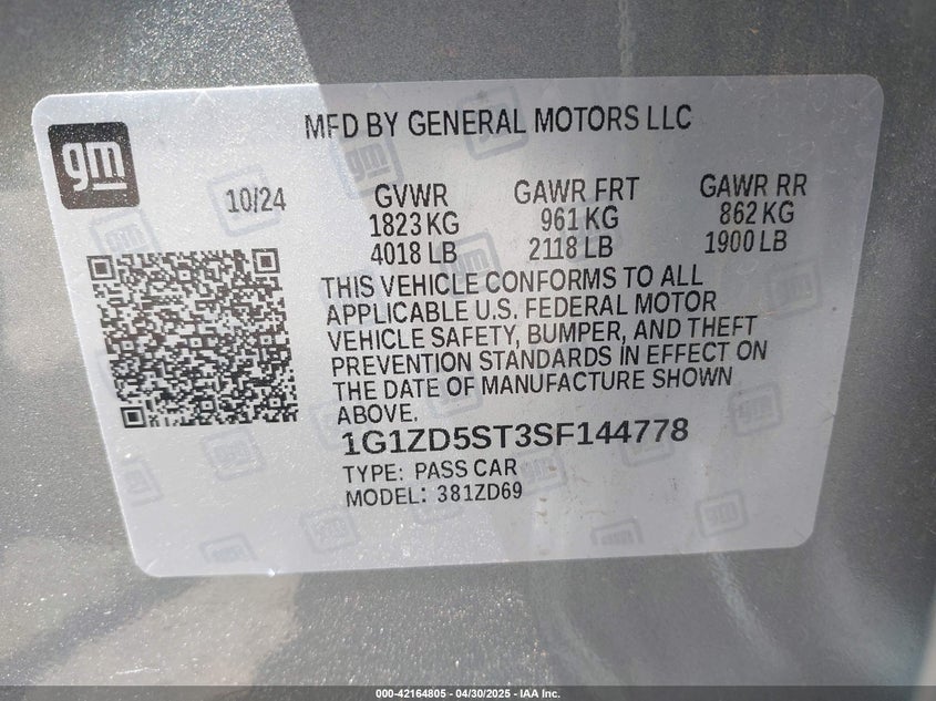 2025 CHEVROLET MALIBU VIN: 1G1ZD5ST3SF144778